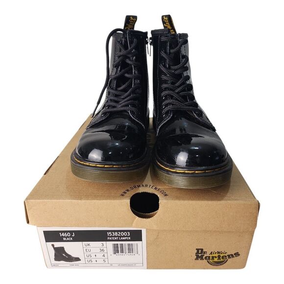 Dr. Doc Martens Air Wair Lace Up Boots 1460 J Sz B 4 G 5 Black Patent Leather - Picture 5 of 7